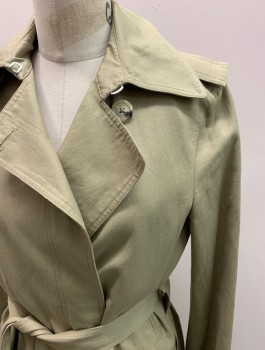 Womens, Coat, Trenchcoat, HELMUT LANG, Lt Olive Grn, Cotton, Linen, Solid, S, C.A., Hidden Buttons, Button Front, 2 Pockets, Tortoise Shell Buttons, Epaulets, With Belt