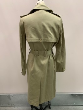 Womens, Coat, Trenchcoat, HELMUT LANG, Lt Olive Grn, Cotton, Linen, Solid, S, C.A., Hidden Buttons, Button Front, 2 Pockets, Tortoise Shell Buttons, Epaulets, With Belt