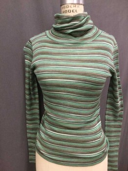 Womens, Sweater, SWEATER TEAS, Green, Dk Red, Multi-color, Wool, Polyester, Stripes - Horizontal , B32, S, Turtleneck, Green, Mint, Dark Red, Olive, And Cream Stripes, Long Sleeves,
