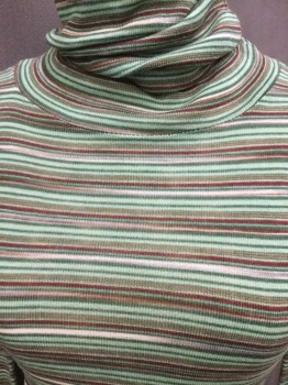 Womens, Sweater, SWEATER TEAS, Green, Dk Red, Multi-color, Wool, Polyester, Stripes - Horizontal , B32, S, Turtleneck, Green, Mint, Dark Red, Olive, And Cream Stripes, Long Sleeves,