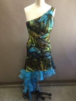 NICOLE MILLER, Blue, Green, Gold, Silk, One Shoulder, Asymmetrical Blue Ruffle Skirt on Right Side, Peacock Feathers, Gold Shot Through Out the Fabric