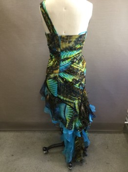 NICOLE MILLER, Blue, Green, Gold, Silk, One Shoulder, Asymmetrical Blue Ruffle Skirt on Right Side, Peacock Feathers, Gold Shot Through Out the Fabric