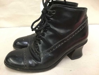 Womens, Boots 1890s-1910s, N/L, Black, Leather, Solid, 7, 2" Heavy Stack Court Heel, Cap Toe, Lacing/Ties Ankle Boot, Excellent Condition