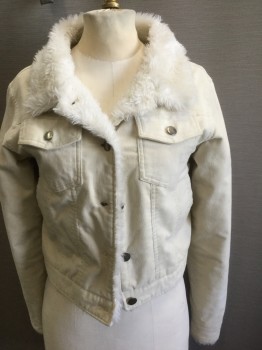Womens, Casual Jacket, PASSPORT, Cream, White, Cotton, Spandex, Solid, S, Cream Corduroy, with White Plush Collar, Button Front, 2 Pockets