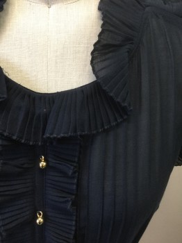 Womens, Dress, Sleeveless, MARC JACOBS, Navy Blue, Cotton, Silk, Solid, B32, 2, W26, Dark Navy (Nearly Black) Sheer Chiffon Top Half, Sleeveless, with Self Pleated Ruffles at Armholes, Scoop Neck, Button Placket and Peplum, 6 Gold Decorative Buttons at Center Front, Dropped Waist, Opaque Cotton Bottom Half, with Box Pleats