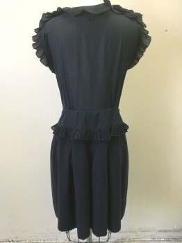 Womens, Dress, Sleeveless, MARC JACOBS, Navy Blue, Cotton, Silk, Solid, B32, 2, W26, Dark Navy (Nearly Black) Sheer Chiffon Top Half, Sleeveless, with Self Pleated Ruffles at Armholes, Scoop Neck, Button Placket and Peplum, 6 Gold Decorative Buttons at Center Front, Dropped Waist, Opaque Cotton Bottom Half, with Box Pleats