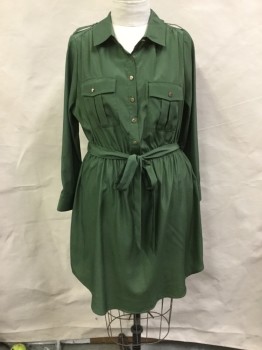 Womens, Dress, Long & 3/4 Sleeve, PURE ENERGY, Moss Green, Polyester, Solid, 1X, Shirtwaist, Button Front, Collar Attached, Epaulets, Long Sleeves with Button Cuffs and Sleeve Tabs, Elastic Waist, Belt Loops, Tie Belt