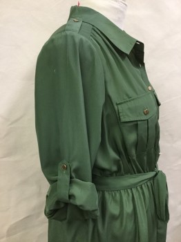 Womens, Dress, Long & 3/4 Sleeve, PURE ENERGY, Moss Green, Polyester, Solid, 1X, Shirtwaist, Button Front, Collar Attached, Epaulets, Long Sleeves with Button Cuffs and Sleeve Tabs, Elastic Waist, Belt Loops, Tie Belt
