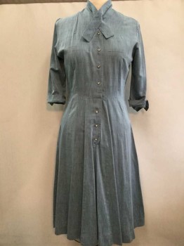 Shroyers, Cornflower Blue, Solid, Black Striations Throughout, 3/4 Button Front, Silver Rhinestone Buttons, 3/4 Sleeve with Rolled Cuff, Extended Band Collar, Panelled Skirt