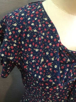N/L, Navy Blue, Pink, White, Yellow, Green, Cotton, Floral, S/S, Large Overlapping Collar Attached with Self Tie Bow, Button Front with White Flower Buttons, Ankle Length
