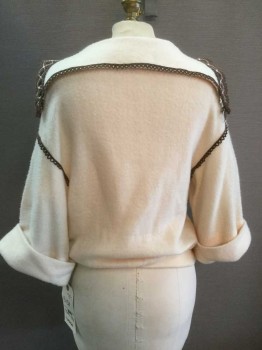 Womens, Sweater, N/L, Cream, Brown, Solid, B 38, Cream Fleece Pullover, Sailor Collar, Brown/Cream Lace Collar/Sleeve Detail, Cream Rope Tie Front Placket, Short Bell Sleeve with Rolled Cuff, Ribbed Knit Waistband