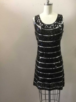 Runway, Black, Silver, Sequins, Nylon, Stripes, All Sequined. Scoop Neck, Sleeveless. Black with Horizontal Silver Stripes