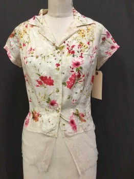 Womens, Blouse, N/L, Cream, Pink, Green, Olive Green, Brown, Cotton, Netting, Floral, B 36, Cream W/pink,green,olive,brown Floral Print, Collar Attached, 4 Button Front, Cap Sleeves, 2 Pockets W/1 Button, Netting Hem