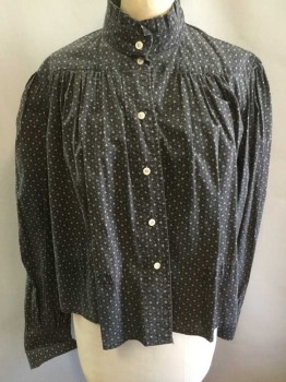 N/L, Charcoal Gray, White, Cotton, Abstract , Assorted Sizes Of Tiny Dots Pattern, Long Sleeve Button Front, Stand Collar with Ruffled Edge, Gathered At Shoulder Level Yoke, V Shape Yoke In Center Back, 1" Wide Waistband/Channel For Drawstring (No Drawstring At Time Of Inventory), Made To Order,