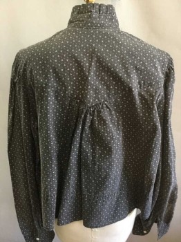 N/L, Charcoal Gray, White, Cotton, Abstract , Assorted Sizes Of Tiny Dots Pattern, Long Sleeve Button Front, Stand Collar with Ruffled Edge, Gathered At Shoulder Level Yoke, V Shape Yoke In Center Back, 1" Wide Waistband/Channel For Drawstring (No Drawstring At Time Of Inventory), Made To Order,