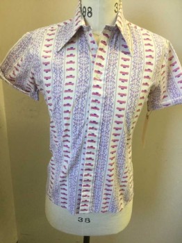 LORD TED, White, Lavender Purple, Pink, Cotton, Polyester, Novelty Pattern, Stripes - Vertical , Short Sleeves, Button Front, Collar Attached, Cuffed Sleeves, Cute Old Time-y Car and Paisley Stripe
