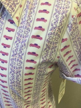LORD TED, White, Lavender Purple, Pink, Cotton, Polyester, Novelty Pattern, Stripes - Vertical , Short Sleeves, Button Front, Collar Attached, Cuffed Sleeves, Cute Old Time-y Car and Paisley Stripe