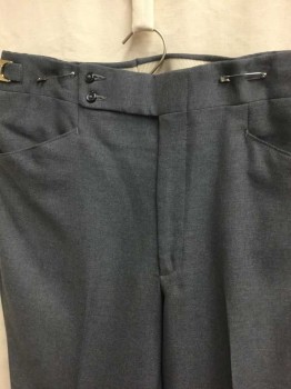 Mens, Slacks, HAGGAR, Gray, Polyester, Solid, I:33, W: 32, Flat Front, Tab Waist W/2 Button Closure, Zip Fly, 4 Pockets, Adjustable Tabs with Silver Buckles At Sides Of Waist, Straight Leg, Elastic Waistband Inside, Late 1970's To Early 1980's