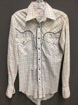 Mens, Western Shirt, Wrangler, White, Red, Yellow, Blue, Lt Blue, Cotton, Check , S, White Background with Multi Color Check, Brown Marble Snap Front, Western Yoke, Collar Attached, 2 Flap Pockets, Raw Hem, Navy Blue Piping