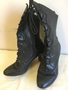 Womens, Boots 1890s-1910s, STAGELIGHTS, Black, Faux Leather, Solid, 8, Mid Calf Length, Lace Up, Side Zipper, Round Toe, Pointed Leg Opening, Scallopped Edge Seam By Laces, 3" Heel, Reproduction Of Victorian Shoe