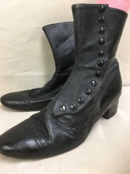Womens, Boots 1890s-1910s, N/L, Black, Leather, Solid, 10, Mid Calf, Snap Side, 1.5" Heel, Cap Toe, **Scuffed Toes