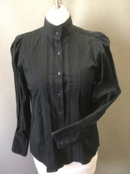FRONTIER CLASSICS, Black, Cotton, Solid, Long Sleeve Button Front, Stand Collar, Vertical Panels of Black Lace, Puffy Sleeves with Gathers at Shoulders, Ruffled Structure Underneath to Add Fullness, 4 Button Cuffs, Reproduction "Old West" Wear