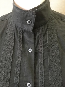 FRONTIER CLASSICS, Black, Cotton, Solid, Long Sleeve Button Front, Stand Collar, Vertical Panels of Black Lace, Puffy Sleeves with Gathers at Shoulders, Ruffled Structure Underneath to Add Fullness, 4 Button Cuffs, Reproduction "Old West" Wear