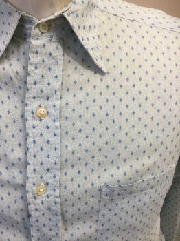 Mens, Shirt, The ARTLOOM, Ice Blue, Lt Blue, Blue, Cotton, Diamonds, S, Long Sleeves, Button Front, 1 Pocket, Collar Attached with Long Collar Points,