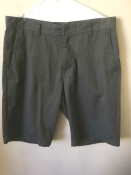Mens, Shorts, VOLCOM, Gray, Polyester, Cotton, Solid, W:34, Twill, Flat Front, Zip Fly, 4 Pockets, 11" Inseam
