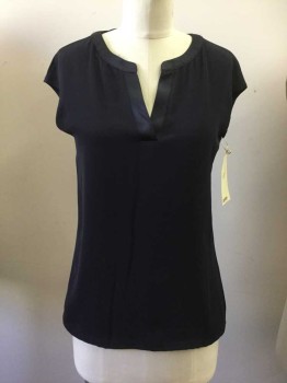 Womens, Shell, COMME, Midnight Blue, Viscose, Solid, 4, Slit Crew Neck, Cap Sleeves, Satin Neck Trim
