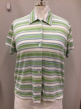 SHENANIGANS, White, Lime Green, Green, Cotton, Stripes - Horizontal , Jersey, Button Front, Short Sleeves,