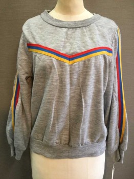 Womens, Sweatshirt, NO LABEL, Heather Gray, Yellow, Blue, Red, Poly/Cotton, Heathered, Stripes, Medium, Long Sleeves, Crew Neck, Stripes Across Chest, Stripes Down Sleeves