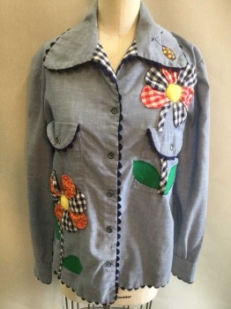 Womens, Blouse, N/L, Denim Blue, Lt Blue, Multi-color, Red, Yellow, Cotton, Novelty Pattern, Gingham, B:36, Long Sleeve Button Front, Light Blue Chambray, with Novelty 3D Oversized Flower Appliques, with Multiple Colors, Patterns Including Red, Navy, White, Yellow, Green, and Gingham, Floral, Polka Dots, Etc. Navy Ric Rac Trim at Edges, Round Collar, 2 Flap Pockets,
