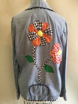 Womens, Blouse, N/L, Denim Blue, Lt Blue, Multi-color, Red, Yellow, Cotton, Novelty Pattern, Gingham, B:36, Long Sleeve Button Front, Light Blue Chambray, with Novelty 3D Oversized Flower Appliques, with Multiple Colors, Patterns Including Red, Navy, White, Yellow, Green, and Gingham, Floral, Polka Dots, Etc. Navy Ric Rac Trim at Edges, Round Collar, 2 Flap Pockets,