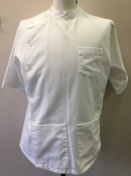 Unisex, Dentist Shirt, BREW APPAREL, White, Poly/Cotton, Solid, 40, Short Sleeves, Off Center Snaps, Stand Collar, 3 Pockets