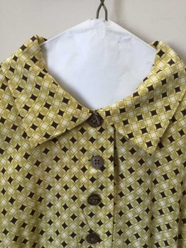 NL , White, Yellow, Brown, Polyester, Viscose, Geometric, Short Sleeves, Collar Attached, Button Placet Center Front, Smocked Waist. Zipper at Left Side Seam