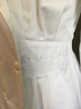 Womens, Nurses Dress, PEACHES, White, Poly/Cotton, Solid, 8, White, Notched Lapel, Double Breasted, Side Pleat Waist Band with White Flower Embroidery, 2 Side Pockets, 3/4 Sleeve, 2" Gathered Elastic Waist Back