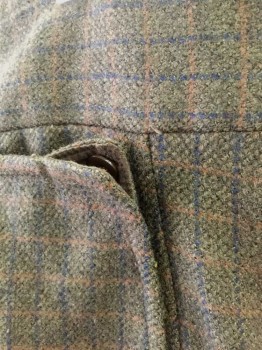 N/L MTO, Olive Green, Brown, Navy Blue, Wool, Plaid - Tattersall, Button Fly, 2 Side Pockets with Button Closures, Belted Back, Made To Order