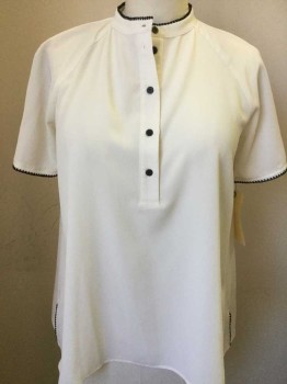 HATCH, Cream, Black, Polyester, Solid, Button Up Placket, Black Embroidered Trim, Short Sleeves, Collar Band, Pull Over