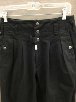 STATE OF THE ART, Black, Polyester, Cotton, Solid, Twill, Hollywood Pleated High Waist, 3 Silver Buttons + Zip Fly Closure Center Front, Belt Loops, Full/Loose Leg That Tapers At Ankles, 3 Pockets,
