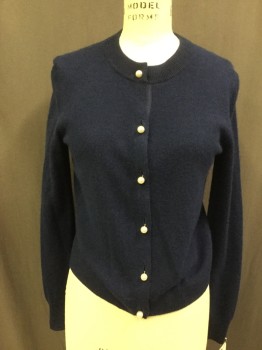 BLOOMINGDALES, Navy Blue, Pearl White, Cashmere, Solid, Crew Neck, Big Pearl Bead Buttons