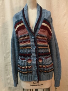 NO LABEL, Dusty Blue, Red Burgundy, Dusty Rose Pink, Beige, Navy Blue, Acrylic, Stripes, Shawl Lapel, Button Front, 2 Pockets,