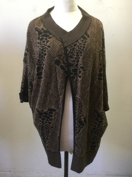 Womens, Sweater, ANGEL, Brown, Black, Wool, Acrylic, Animal Print, Stripes, L, Open Front, Striped Collar/Waistband, 3/4 Sleeve with Black Attached Tab