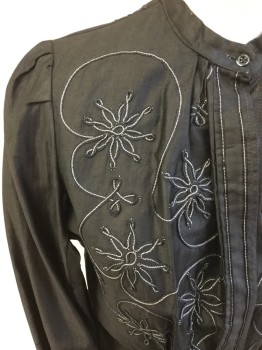MTO, Black, Silver, Cotton, Floral, Made To Order, Button Front, Buttons Hidden By Placket, Long Sleeves, Band Collar, Black and Silver Floral Embroidery, Pin Tucks Center Back,
