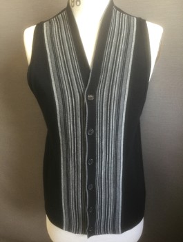 Mens, Sweater, DKNY, Black, Gray, Wool, S, Knit, Solid Black with Gray Stripes at Center Front, Button Front, V-neck,