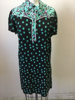 Womens, Dress, Short Sleeve, MAJE, Black, Mint Green, Red, Lilac Purple, Polyester, Floral, XS, Polo Style, Collar Attached with Ruffle, White Piping on Yolk, and Placket, Knee Length