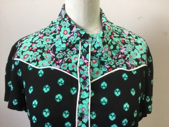 Womens, Dress, Short Sleeve, MAJE, Black, Mint Green, Red, Lilac Purple, Polyester, Floral, XS, Polo Style, Collar Attached with Ruffle, White Piping on Yolk, and Placket, Knee Length