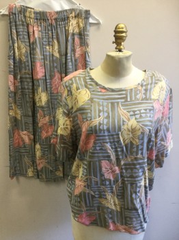Womens, 1990s Vintage, Top, PROPHECY, Lt Blue, Butter Yellow, Pink, Coffee Brown, Rayon, Leaves/Vines , Medium, Short Sleeves, Pullover,