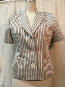 Womens, Blazer, NORTON MCNAUGHTON, Taupe, White, Rayon, Polyester, Stripes - Vertical , 14, Peaked Lapel, 3 Buttons, Short Sleeves, 3 Pockets, Shoulder Pads