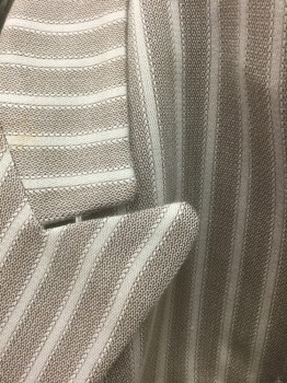 NORTON MCNAUGHTON, Taupe, White, Rayon, Polyester, Stripes - Vertical , Peaked Lapel, 3 Buttons, Short Sleeves, 3 Pockets, Shoulder Pads